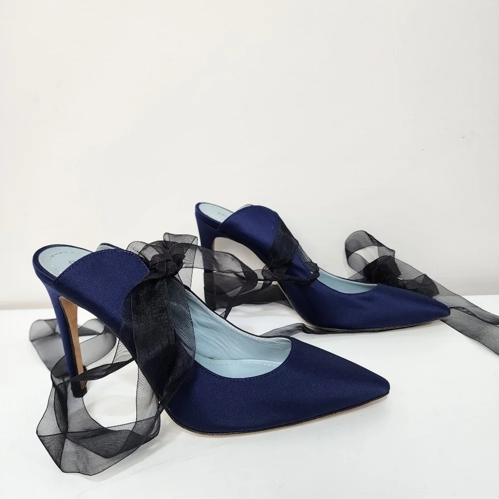 Chiara Ferragni blue satin heels with tulle bow, size 37, nwt